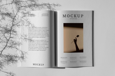 树叶元素平放杂志内页样机 [psd]