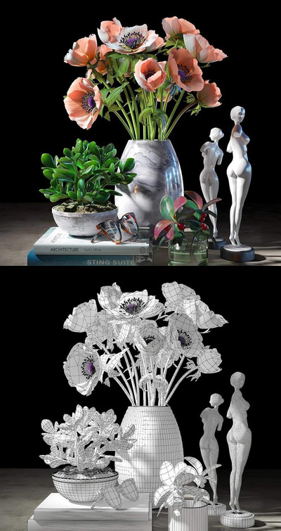 鲜花雕塑装饰品3D模型下载 (MAX,FBX,OBJ,TEX)