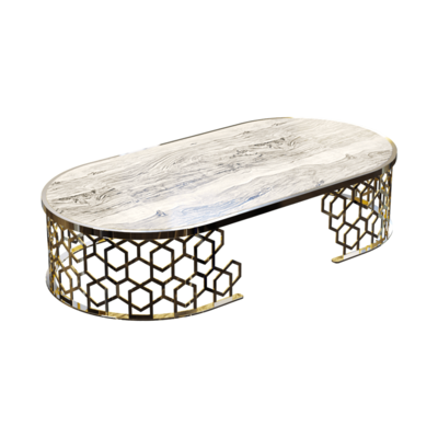 椭圆形大理石面板搭配金属几何图案组合底座的茶几3D模型（OBJ,FBX,MAX）