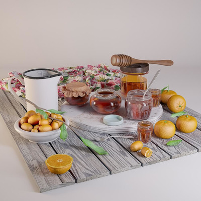 果酱水果蜂蜜等食物组合3D模型（OBJ,FBX,MAX）