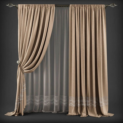 有蕾丝花边装饰的棕色锦缎窗帘3D模型（OBJ,FBX,MAX）