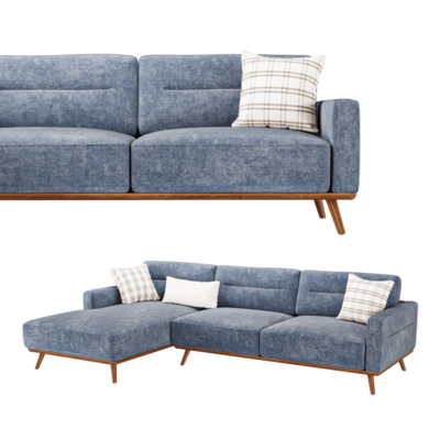 Helsinki实木支架蓝灰色软垫布艺转角沙发3D模型（OBJ,FBX,MAX）