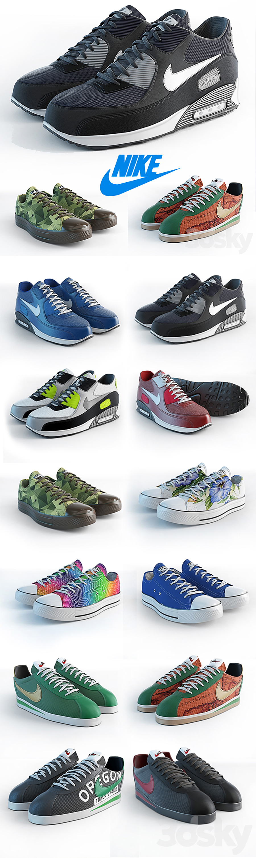 多种不同色调的耐克运动鞋系列3D模型（OBJ,FBX,MAX）