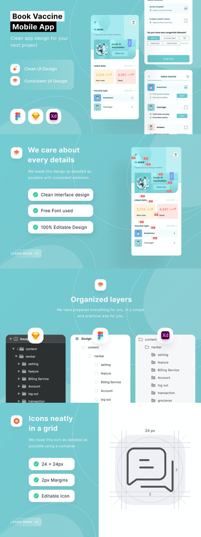 预定疫苗移动应用程序模板 (FIG,SKETCH,XD)