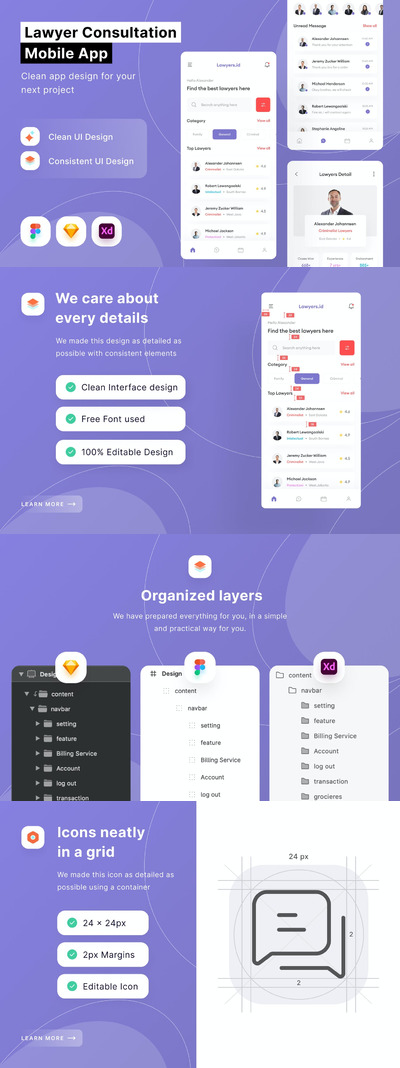 律师咨询手机应用 APP UI kits 模板 (FIG,SKETCH,XD)