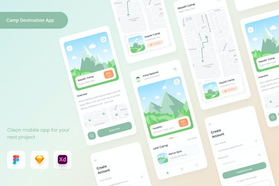 营地目的地产品线框图 APP UI kits 模板 (FIG,SKETCH,XD)