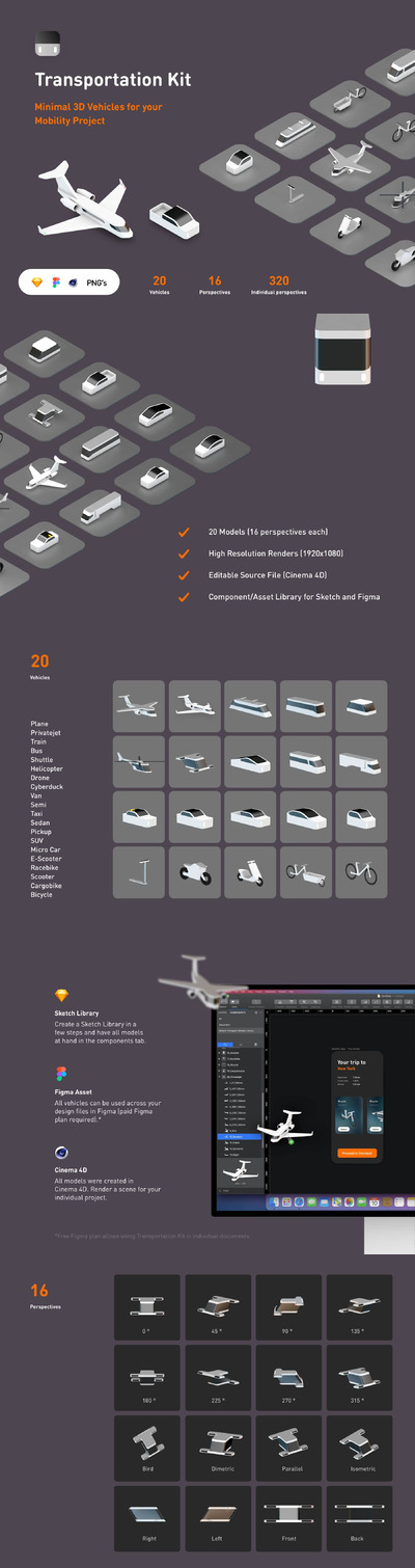 C4D+Blender格式的3D抽象交通元素运输工具素材包下载（C4D,Blend,fbx）