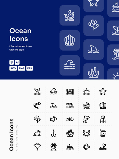 海洋动物线型图标 (AI,EPS,FIG,PNG,SVG)