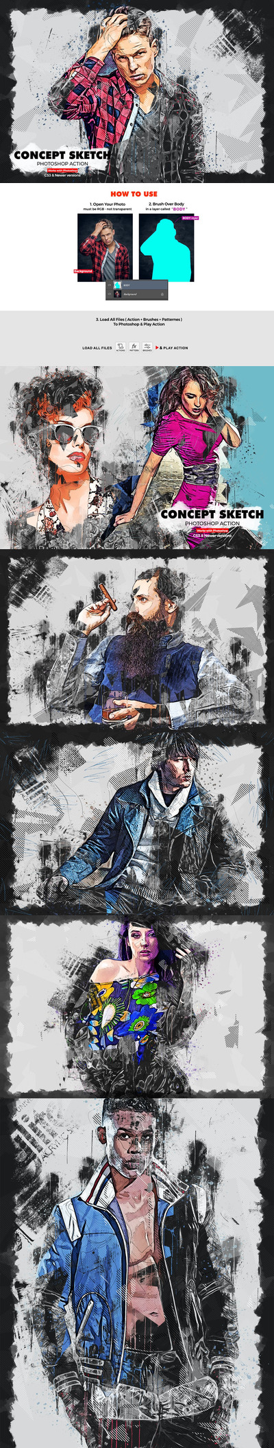 时尚高端手绘概念草图photoshop动作预设