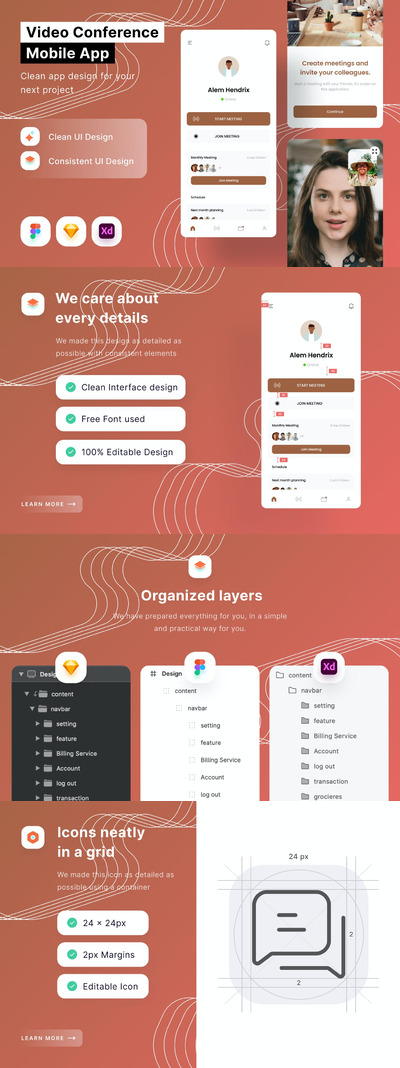 高品质的专业视频会议APP UI KITS--FIG, SKETCH, XD