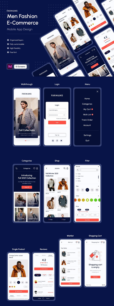 现代和简介男士时尚和服装商店App UI KITS (XD)