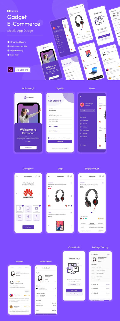 现代化的清洁小工具和电子产品商店 App UI KITS (XD)