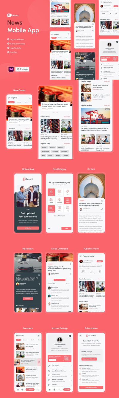 Revent - 新闻博客杂志App UI工具包(XD)