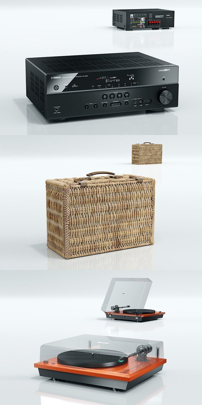 居家常备的黑胶唱片机、功放、竹筐3D模型下载 (MAX)
