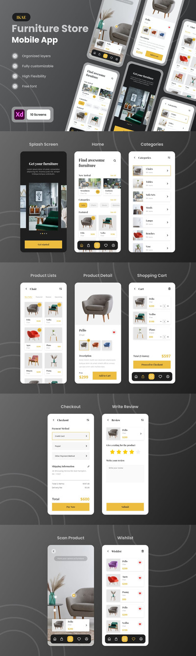 Ikael - 家具商店移动程序UI工具包(XD)