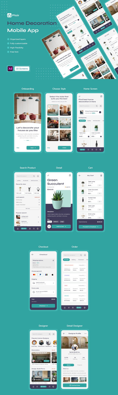 Plair - 家具装饰与家具移动程序UI工具包 (XD)