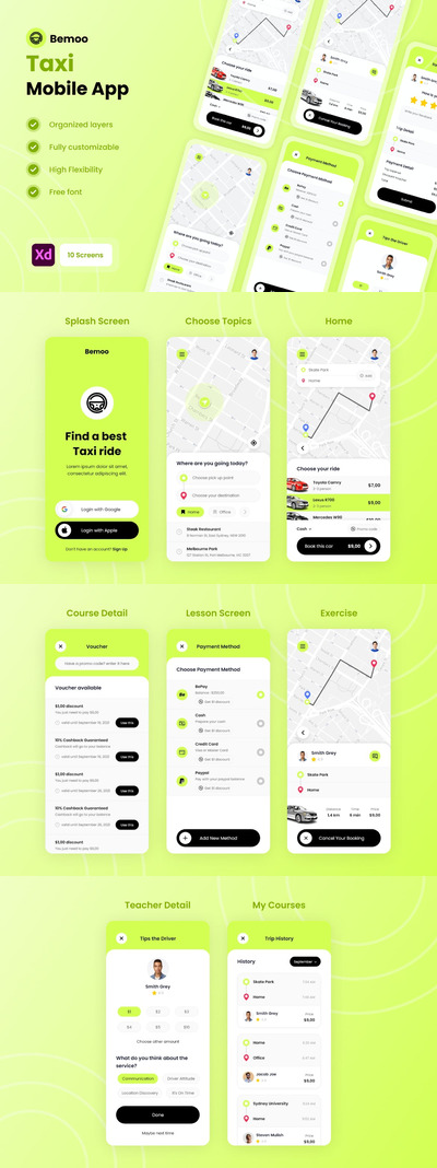 Bemoo - 出租车和运输服务程序UI工具包 (XD)