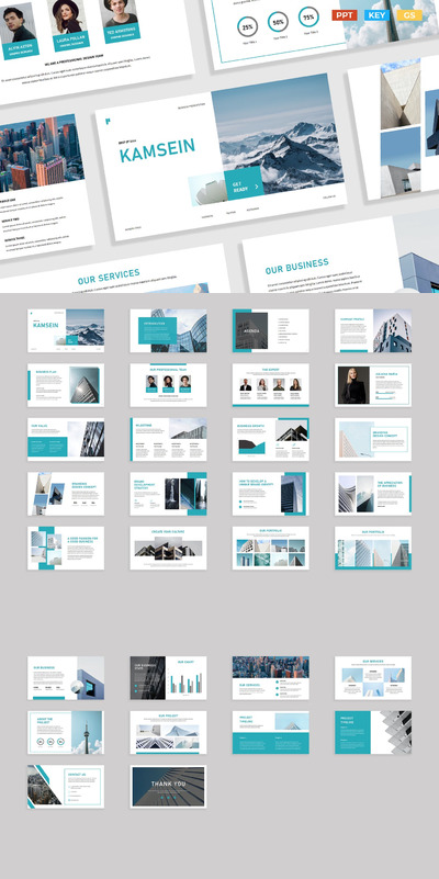 蓝绿色现代营销业务简介模板(PPTX,PPT,KEY)