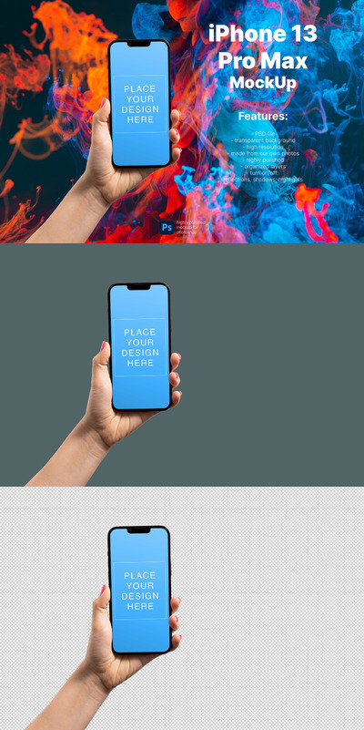模型模板:孤立的iPhone 13 Pro Max手机样机 (PSD,PDF)