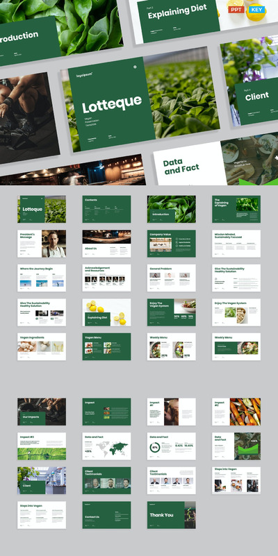 高品质的极简素食健康绿色食品风格的powerpoint幻灯片演示模板（pptx&key）