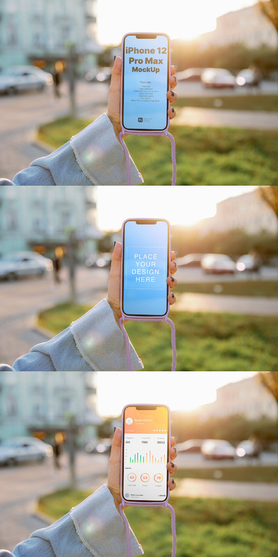 iPhone 12 Pro Max阳光街道展示场景样机(PSD,PDF)