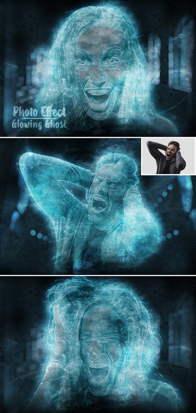 幽灵发光蓝色照片效果样机 (psd)