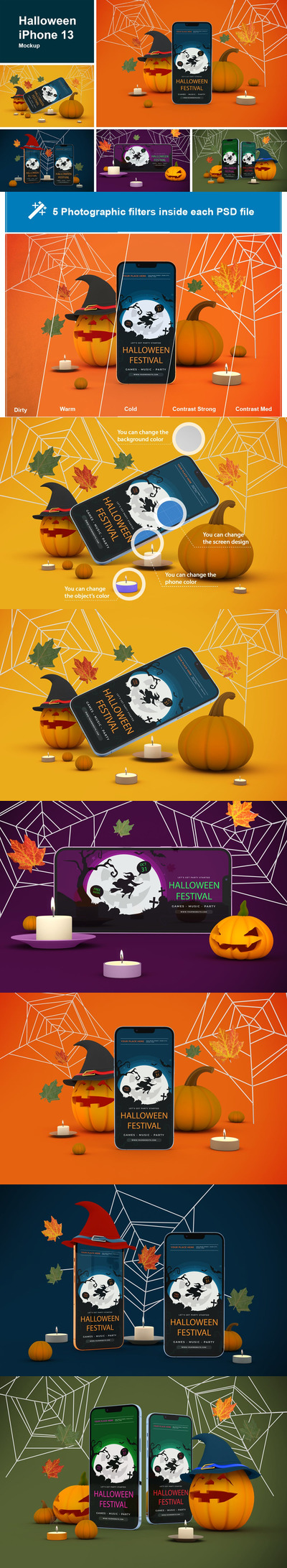 万圣节主题iPhone 13产品样机 (PSD)