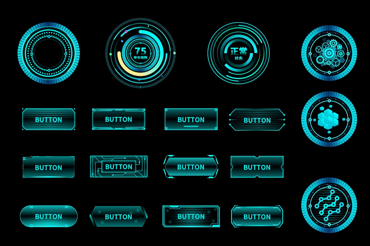 科技感机械边框按钮几何圆形圆环数字图案UI元素图标图形控件素材集