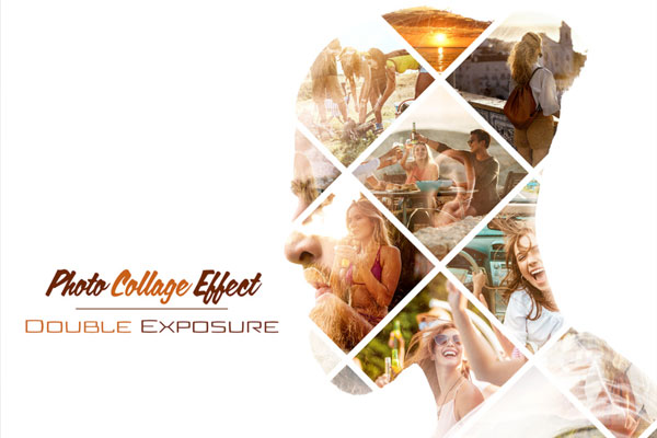 网格照片拼贴双重曝光效果样机 (psd)