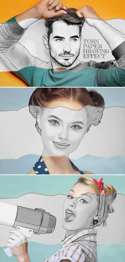 撕纸铅笔画照片效果样机 (psd)