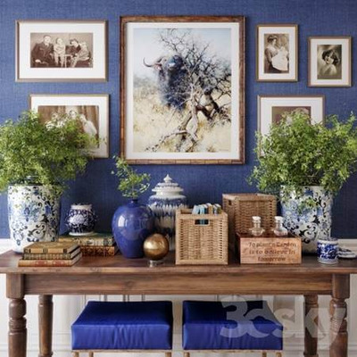 中式风格陶瓷花瓶绿植盆景及装饰画等装饰组合3D模型（OBJ,MAX）