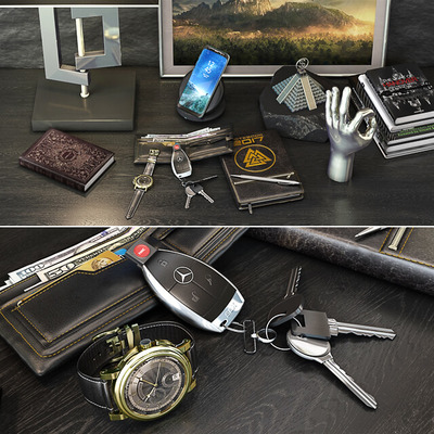 手表手机车钥匙钱包等绅士产品及装饰组合3D模型（FBX,MAX）