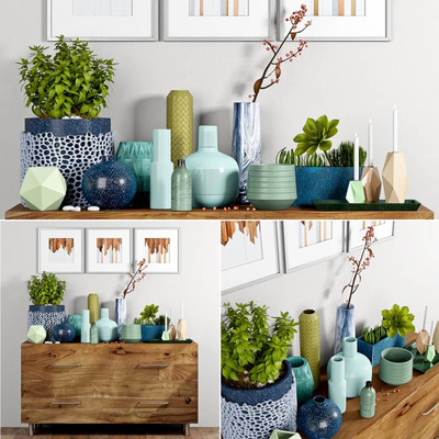 抽屉柜上的绿植盆景花瓶烛台及墙壁上的装饰画组合3D模型（OBJ,MAX）