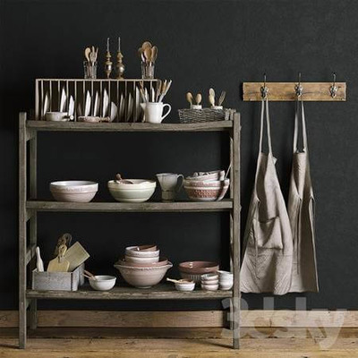 陶艺作坊架子上的餐具和陶艺产品3D模型（OBJ,MAX）