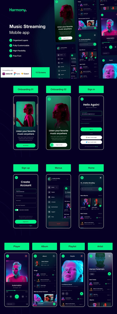 音乐流媒体 App UI Kit (XD)