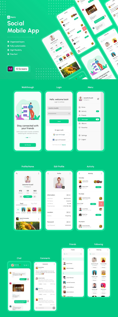绿色清新社交媒体 App UI Kit (XD)