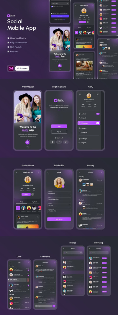 社交移动 App UI Kit (XD)