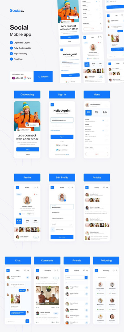社交媒体 App UI Kit (XD)