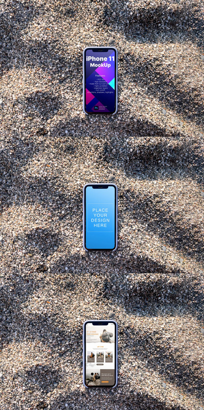 沙滩上的iPhone 11模型(PSD,PDF)
