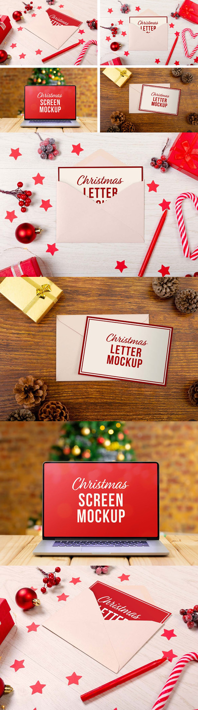 圣诞笔记本电脑和信件模型集(PSD)