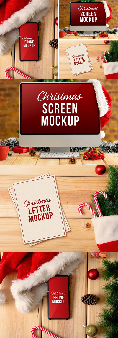 圣诞节主题设备与信件样机 (PSD)