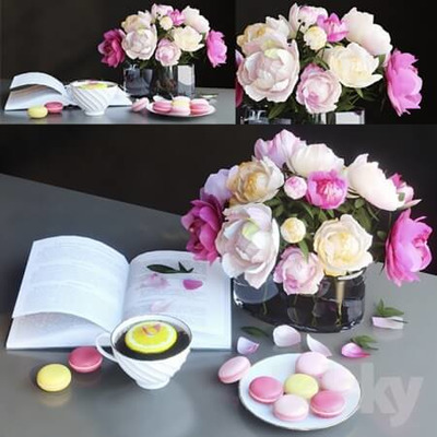 书 茶和花束等装饰组合3D模型（MAX）