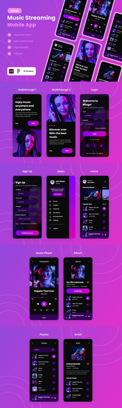 干净的音乐流媒体移动 App UI Kit (XD)