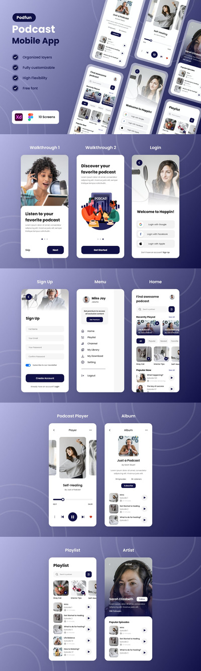 简洁风格播客 App UI Kit (XD)