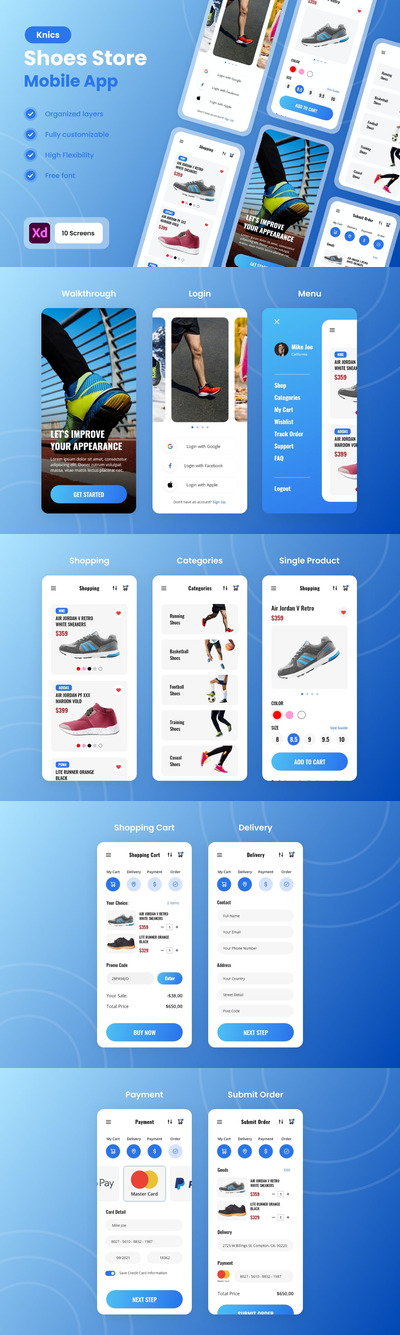 简洁风格的鞋和运动鞋 App UI Kit (XD)