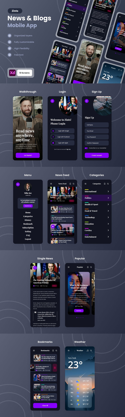 新闻资讯播客 App UI Kit (XD)
