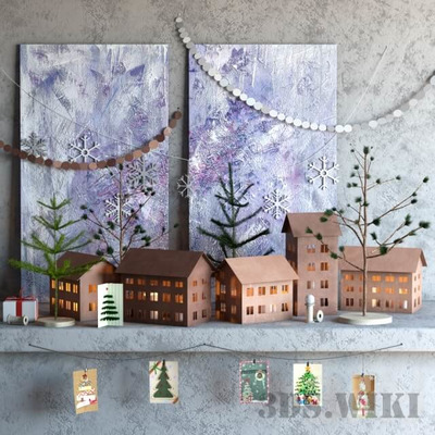 装饰画小木屋等冬季新年装饰组合3D模型（OBJ,MAX）