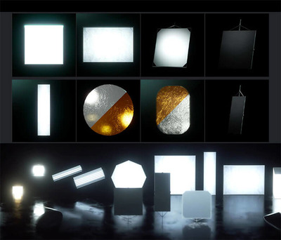 用于C4D的OC 摄影室摄影棚场景灯光柔光反光板预设下载（lib4d）