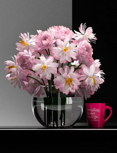 圆形玻璃花瓶中的浪漫粉色花束3D模型（OBJ,FBX,MAX）