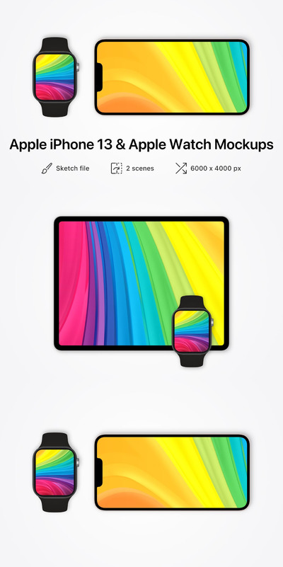 iPhone 13 & Apple Watch 7  手机+智能手表展示样机 (SKETCH)